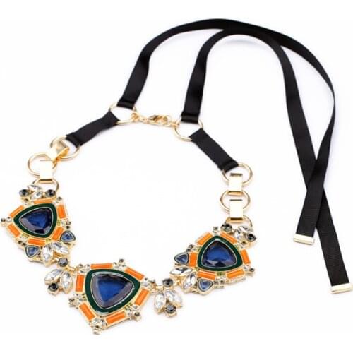 Bulk Price Modern Girl Black Ribbon Lace-up Chocker Fashion Gold Color blue Crystal Geometric Necklace 585 Jewelry Accessories