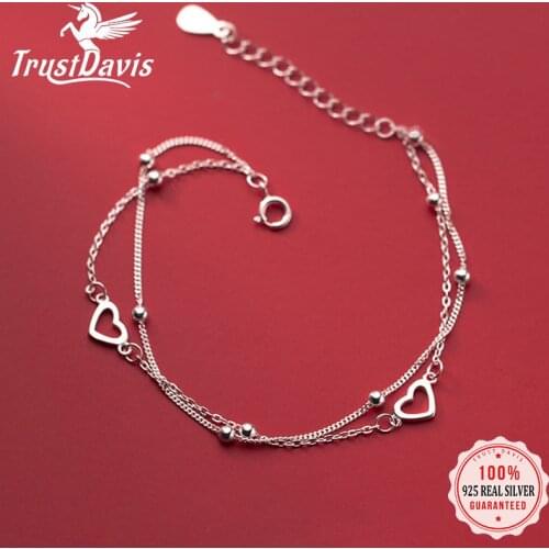 Trustdavis Genuine 925 Sterling Silver Fashion Double Chain Romantic Heart Bracelet For Women Valentines Day Jewelry DB1174