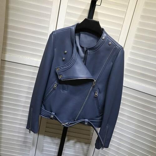 2020 Autumn Womens Leather biker jackets Designer High quality Shpeepskin Real leather O-neck coat C264