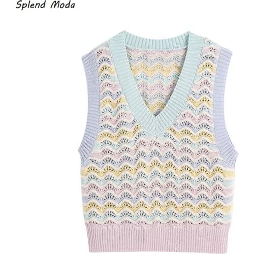 Splend Moda French Vintage 2021 Summer New Women Casual All-Match V-Neck Sleeveless Corrugated Knitted Vest Crop Top Pullover
