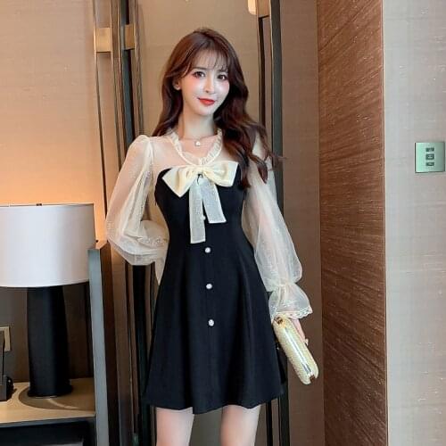 2021 summer Sexy Long sleeve Dress Women bow-knot mini Dresses Lace Temperament Slim Dress black Vestidos