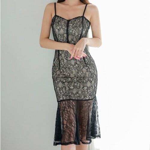 New arrival fashion korean style party dress women elegant summer sexy strap lace perspective temperament black mermaid dress