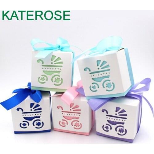 10PCS Baby Shower Favors Gift Chocolate Candy Boxes In Laser Cut Baby Carriage Design Sweet Package Box