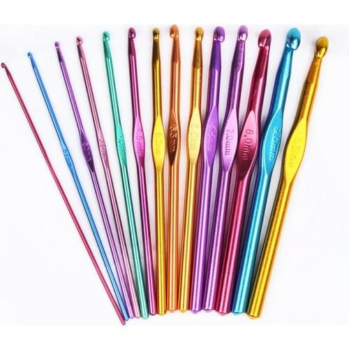 14pcs Metal Handle Crochet Hook Knitting Needles Set Crocheting Needle Tool Aluminum Colored Crochet Sweater Knitting DIY Crafts