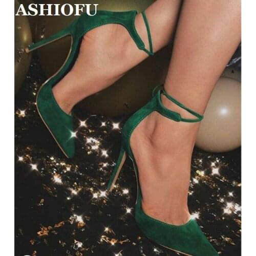 ASHIOFU Handmade New Ladies High Heel Pumps Ankle-strap Shoelace D'orsay Style Party Dress Shoes Sexy Stiletto Pumps Court Shoes