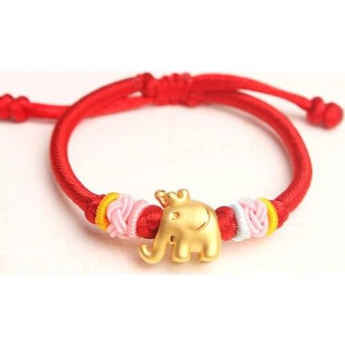 Real 24k Yellow Gold Bracelet 3D Luck Crown Elephant Red Cord Bracelet 6.3"L