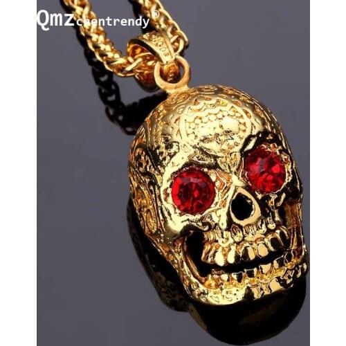 Hip hop Golden Skull Head Pendants Necklaces with Red Stone Eyes Gem Ghost Wings Crystal Skull Head Rock Mens Skeleton Jewelry