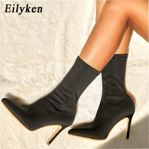 Eilyken 2021 New Women Boots Stretch cloth Mid-calf Boots Pointed toe Women Booties Women Shoes Spring Autumn