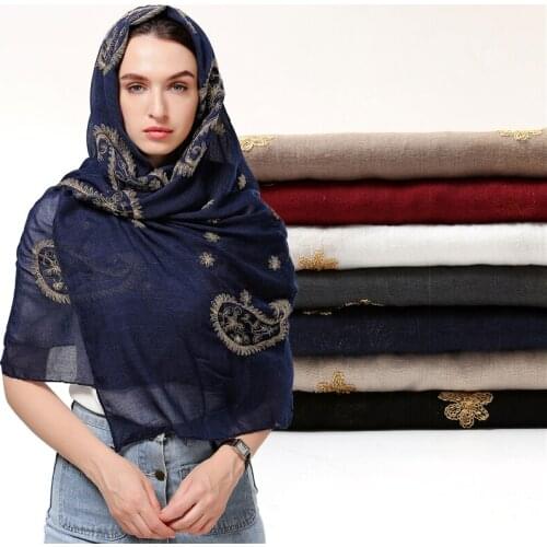 High Quality Cotton Scarf Women Big Paisley Embroidery Shawl Hijab Muslim Headband Scarves Bandana Soft Beach Wrap Foulard 2021