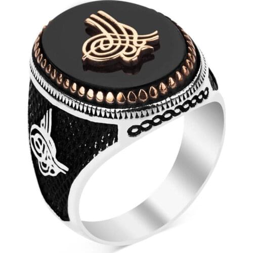 925 Sterling Silver Oval Men Black Onyx Gemstone Ring Ottoman Tughra Motif Ring Handcarved Men Jewelry
