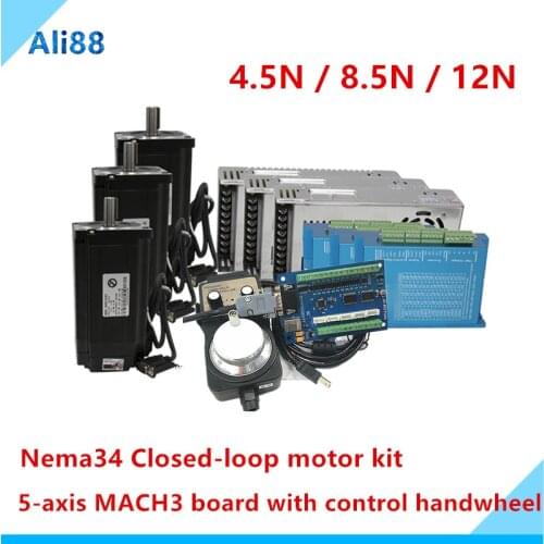Nema 34 Closed Loop Motor Kit:Motor 4.5N 8.5N 12N+Hybrid Servo Driver HBS860H+400W 60V DC Power Supply+USB MACH3 Interface board