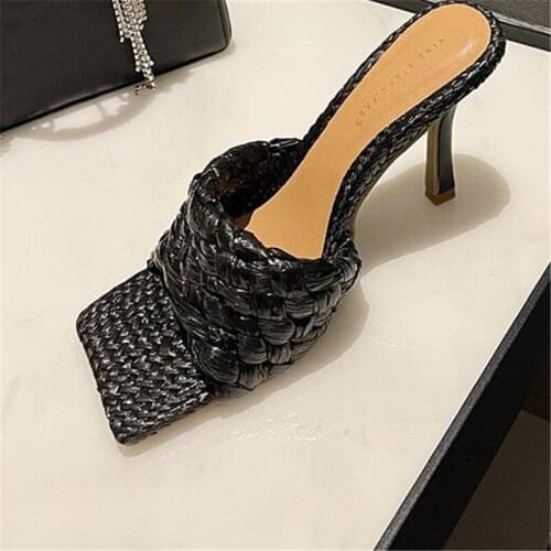 Fashion Open Toe Square Women Outside Shoes PU Band Weaving Concise Mid Thin Heels Ladies Slip-On Sapatos Das Mulheres