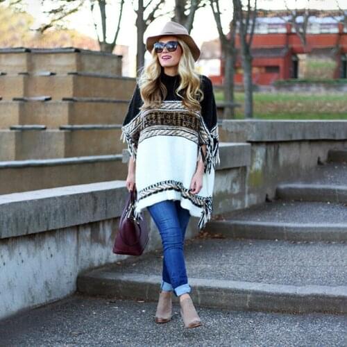 Fashion Sweater 2021 New Fashion Womens Striped Contrast Color Turtleneck Fringed Sweater Cape Cloak Jacket Shawl Top