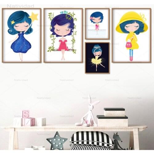 Cartoon Cute Swing Ballet Girl Nursery Wall Art Canvas Painting Nordic Posters and Prints Wall Pictures Baby Kids Room Decor