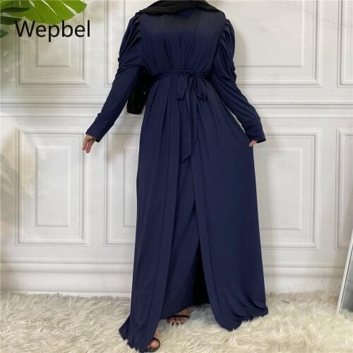 Wepbel Muslim Cardigan Arab Dress Long Sleeve Women Abaya Ramadan Solid Color Lace Up Robe Turkey Kaftan Islam Clothing