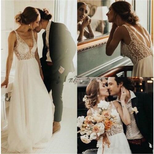 Soft Top Illusion Pearls Bohemian Wedding Dresses Amazing Backless Designer Chiffon Cheap Country Bridal gown
