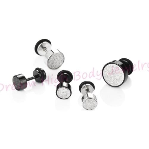 Newest frosted Man Ear Studs Barbell Punk Gothic Stainless Steel Earrings Black Siver 6MM 8mm 10mm Fake Ear Plugs Round