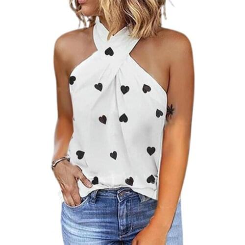 New Stylish Sexy Women Vest Sleeveless Heart Printed Back Zipper Halter Blouse T-shirt for Daily Wear Tops