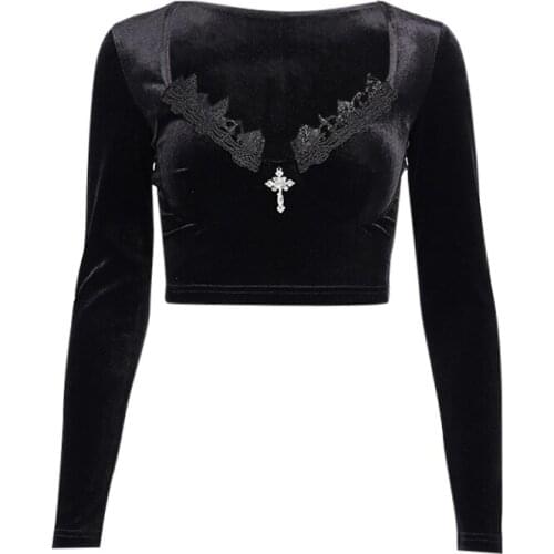 Solid Velvet Long Sleeve Womens Tshirt Sexy Y2K Egirl Black Fashion Crop Top T Shirt Ladies Fashion Korean Tee Shirt