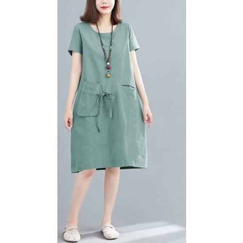 Women Summer Casual Dress New 2021 Korean Simple Style Solid Color All-match Loose Female Knee-length Cotton Dresses S3027