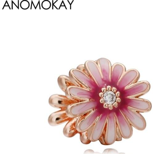 Dropshipping HOT Mix Pink Enamel Little Dasiy Flower Charm with White Crystal fit Bracelet & Bangle Classic Sping & Autumn Beads