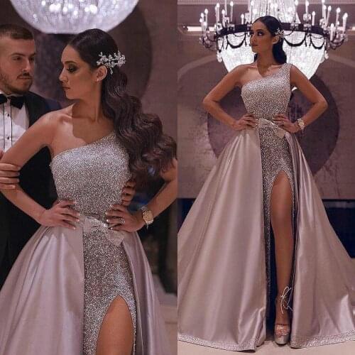 Rose Gold Prom Dresses One Shoulder 2021 High Split Evening Dresses Sequined Detachable Formal Cocktail Party Gowns Dubai Arabic