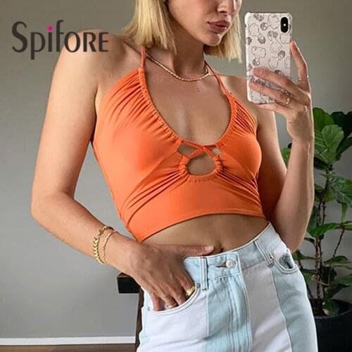 Spifore Sexy Drawstring Halter Summer Tops Women Off Shoulder Club Outfits 2021 Streetwear Strapless Sleeveless Crop Tops