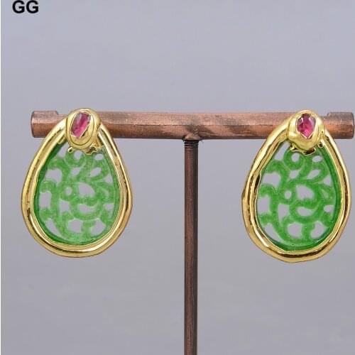 GuaiGuai Jewelry Teardrop Green Jades Carved Fuchsia Crystal Electroplated Edge Stud Earrings For Women