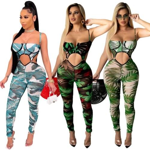 Echoine Women Sexy Mesh zipper Hollow Out Rompers Halter Playsuit Club Party bodysuit One Piece Fitness Femmes Print Jumpsuit