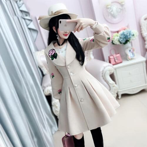 Women Beige Embroidered Long-Sleeved Woolen Coat Womens Mid-Length Slim Clothing