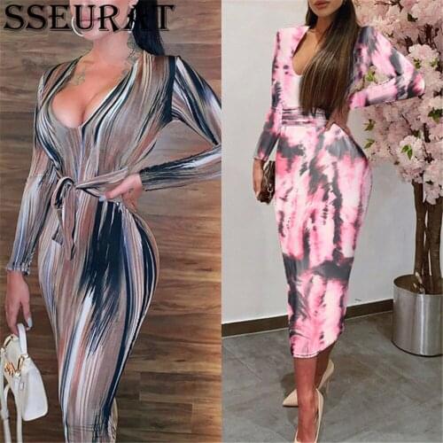 SSEURAT Fall Street Print Women Midi Dress Long Sleeve Active Bodycon Sexy Club Party Pencil Mid-Calf Dresses