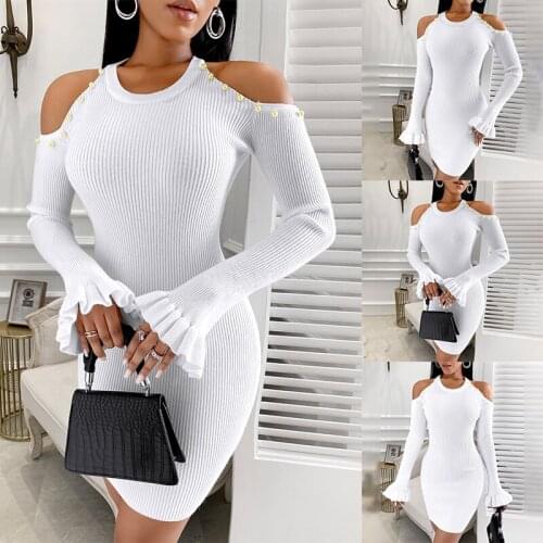 Formal Elegant Cold Shoulder White Bead Long Bell Sleeve Harajuku Bodycon Tight Womens Sexy Party Sweater Dress Female Clothing