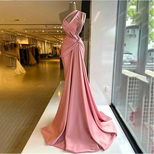 One Shoulder Pink Evening Gowns Long Pearls Ruffles Mermaid Prom Dresses New Arrival Women Celebrity Dress
