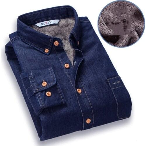 Winter Fashion Mens Cotton Denim Plush Warm Shirt Long Sleeve Outdoor Climbing Camping Trekking Sport Slim Thick Tops Clothing