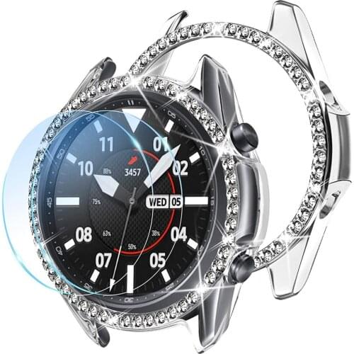 2 blig case + 2 film for samsung galaxy watch 3 41mm 45mm case with luxury diamond + Tempered Glass Screen Protector film cover
