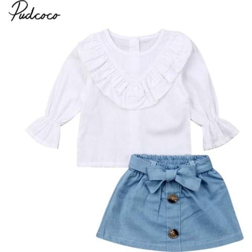 2019 Brand Toddler Kids Baby Girl Clothes Long Sleeve Ruffle Tops Blouse+Bow Button Denim Dress Outfits Set Autumn Fashion 2Pcs