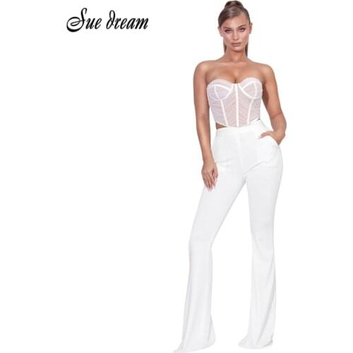 2021 New Summer Womens Sexy Mesh Pleated Crop Top and White Wide Leg Pants Ladies Set Elegant Celebrity Club Party 2-Piece Set