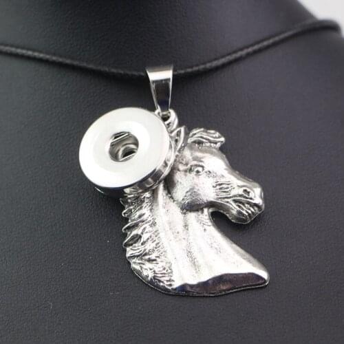 45cm leather rope chain Big Lovely Silver Horse Pendant Necklace 18mm metal snap button necklace DIY Snap Jewelry Accessories