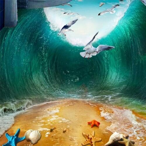 Wellyu Customized large mural pvc waterproof shock wave sea bird beach toilet bathroom bedroom 3d floor floor sticker