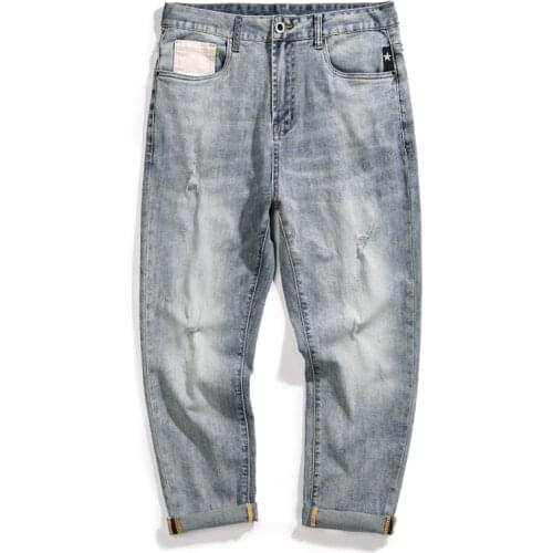 Mens Cropped Trousers Light Blue Stretch Ripped Jeans Distressed Harem Pants Ankle Length Vintage Japanese Style Pantalon Homme