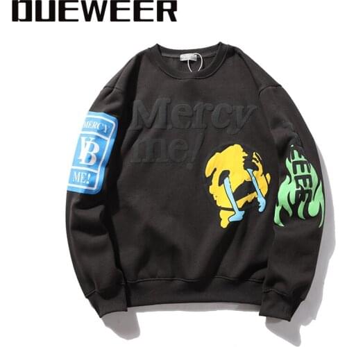 Dueweer Stranger Things Cartoon Smiley Pullovers Men Flame Print Fleece Sweatshirts Hip Hop Kanye Demon Sweatshirts Hoodies