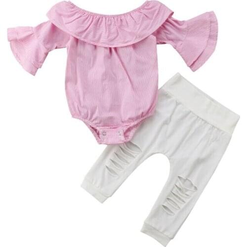 Baby 2PCs 0-24M Girls Clothes Set Toddler Newborn Infant Kid Off Shoulder Striped Bodysuit Tops Ripped Pants Outfits Clothing