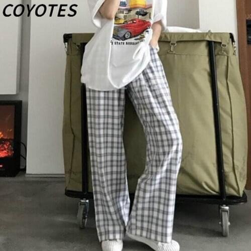 COYOTES Womens Pants Plaid Straight Full-length Pant Women Elastic Pocksts High Waist Loose Leisure Trousers Korean Style Chic