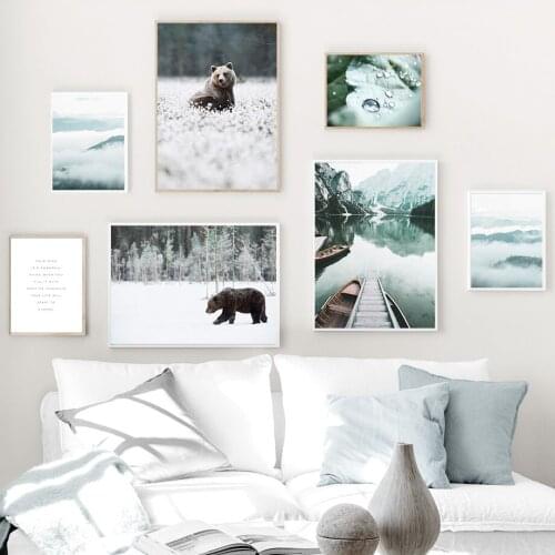 Forest Mountain Nature Landscape Canvas Painting On The Wall Bear Boat Lake Winter Scenery Art Poster Pictures for Home