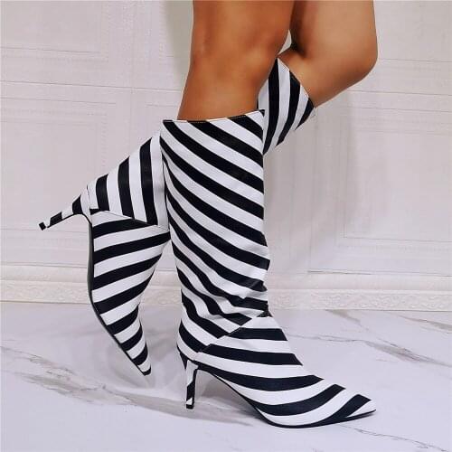 MKKHOU Fashion Knee-Length Women Boots New Black White Striped Pointed Toe Wide Tube Stiletto 7.5cm High Heel Boots Large Size
