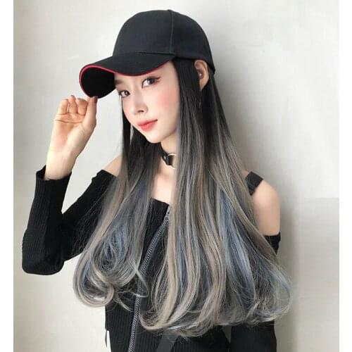 Trendy Baseball Hat Wig Integrated Gradient Highlighting Long Curly Hair Cap Long Hair Micro-Volume Net Red Fashion Wig Winter