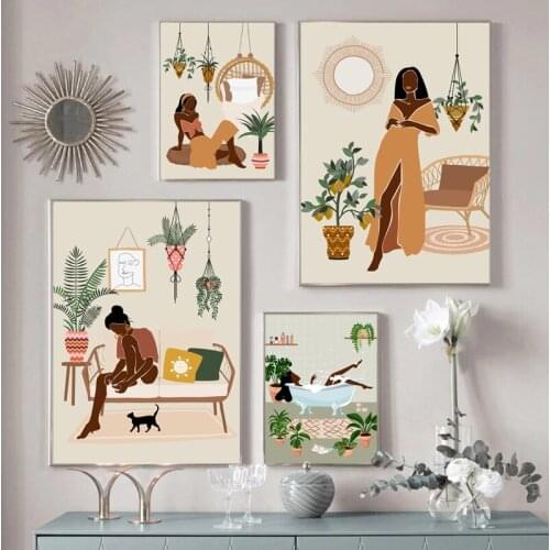Fashion African American Women Prints Boho Poster Girls Female Portrait Canvas Painting Plant Wall Art Picture Living Room Decor