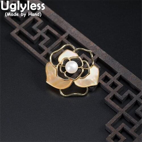 Uglyless Elegant Camellia Brooches for Women Elegant Natural Pearl Pins French Romance Men Business Dress Brooches 925 Silver