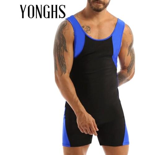 Mens Lingerie Bodysuit Fashion Color Block Design U Neck Sleeveless Sports Fitness Bodybuilding Shorty Unitard Leotard Jumpsuit