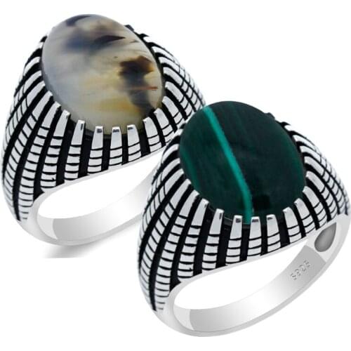 Natural Stone Ring 925 Sterling Silver Male Ring Natural Malachite/Agate Stone Punk Style Party/Wedding Mens Ring Fine Jewelry